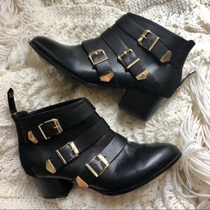 Black Leather Booties with Gold Buckles